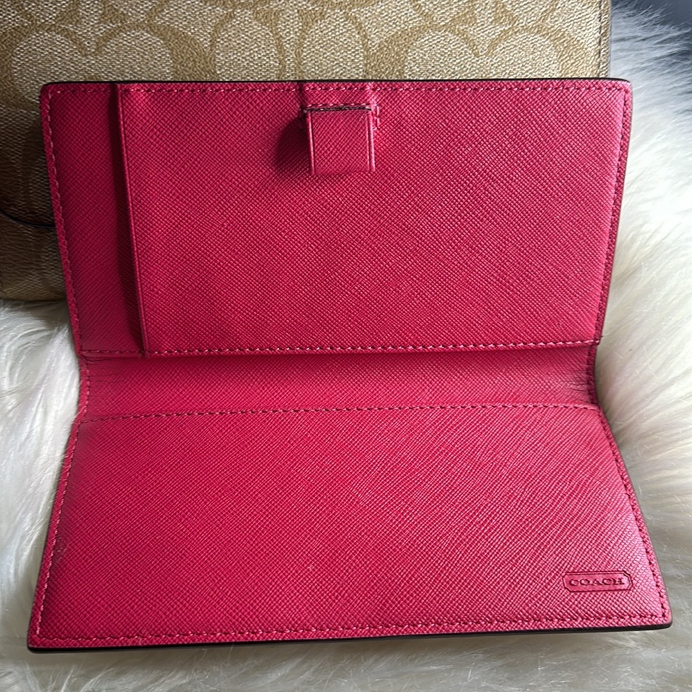 Coach Signature Coated Canvas Full Size PVC Checkbook Wallet Khaki / Pink Ruby - Picture 9 of 12